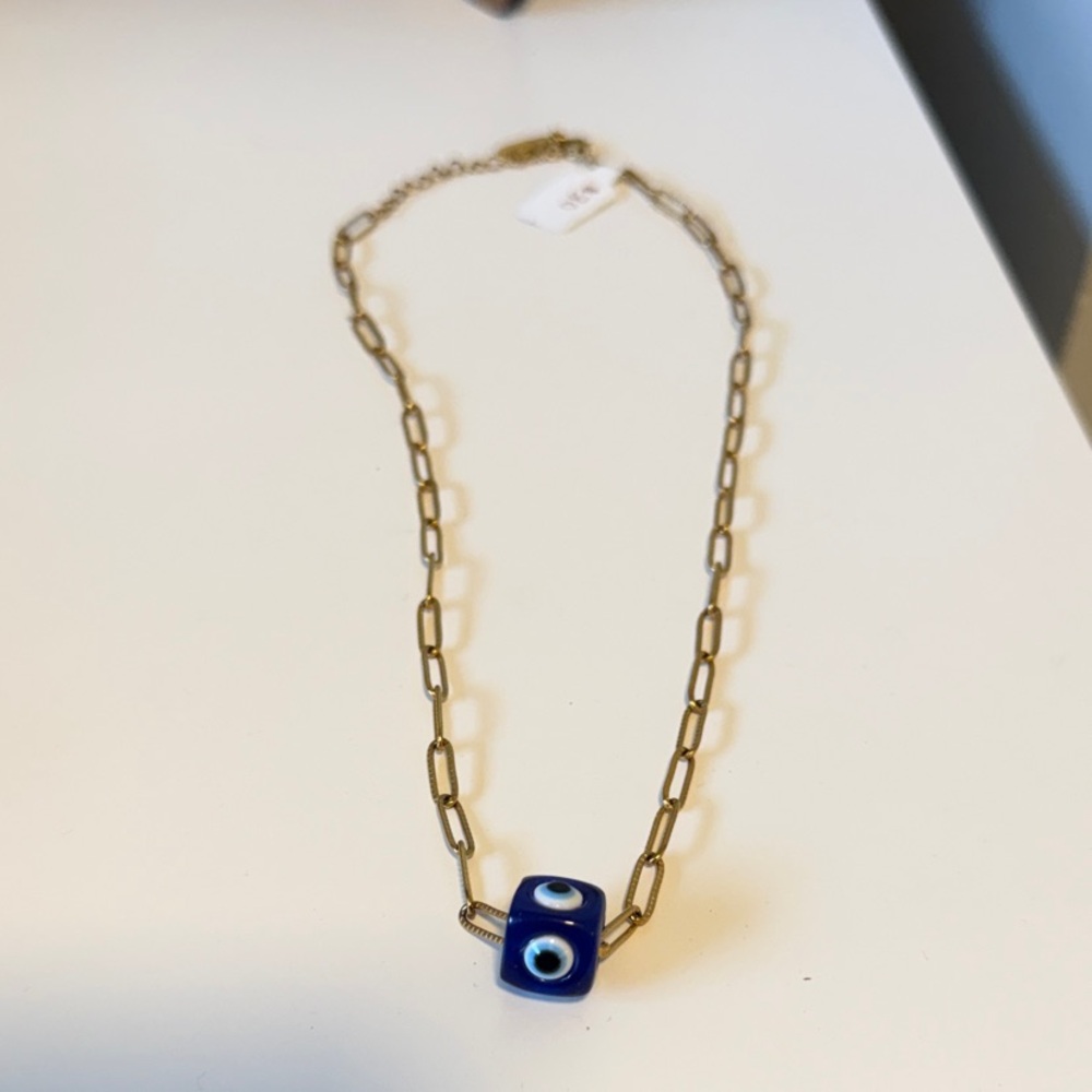 Gold Chain Necklace with Blue Evil Eye Pendant